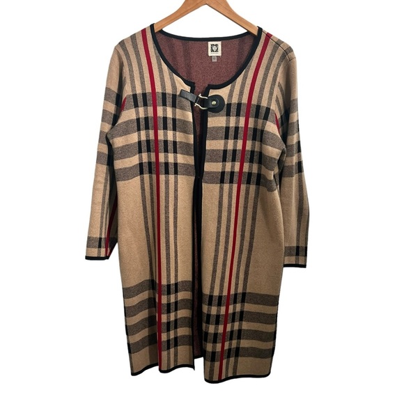 Anne Klein Sweaters - ANN KLEIN  Knit Camel Plaid Combo Long Line Cardigan Sweater Size Large